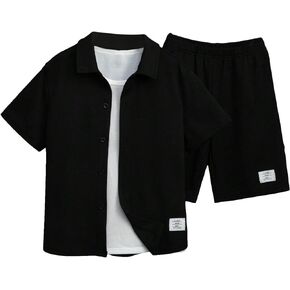 Floerns Boy's 2 Piece Outfit Button Down Shirt Blouse with Shorts Set Without Tee