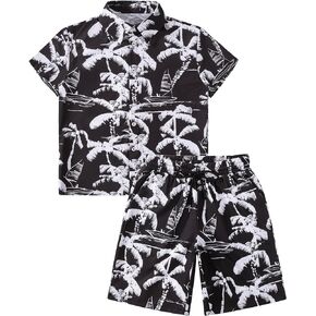 HASMES Boys Hawaiian Outfits Tropical Print Button Down Shirts and Short Sets for 5-12Y Kids
