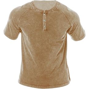 Mens Distressed Henley Shirts Retro Short Sleeve Cotton Slim Fit Tee Summer Casual Button Down Washed T-Shirts