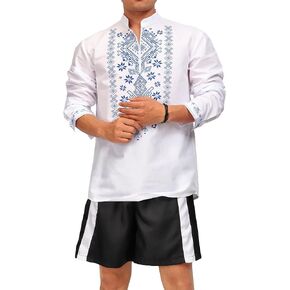 KUOIN Men's Dashiki Print Henley Shirt Slim Fit White Half Zip Casual Tunic Beach T-Shirt