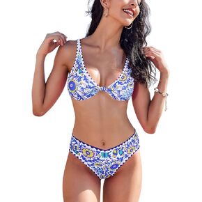 Bluetime Womens Bikini Sets High Waisted V Neck Bathing Suit Knot Front Push Up High Leg Thong Two Piece Swimsuits