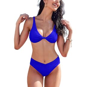 Bluetime Womens Bikini Sets High Waisted V Neck Bathing Suit Knot Front Push Up High Leg Thong Two Piece Swimsuits