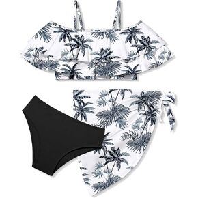 NAPU Girls Bikini Set Tropical Print Girls Swimsuit Cold Shoulder Bathing Suit for Girls Swimwear with Wrap Beach Skirt