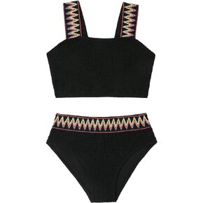 OYOANGLE Girl's 2 Piece Boho Printed Beach Sports Bikini Swimsuits Textured Bathing Suits Swimwear