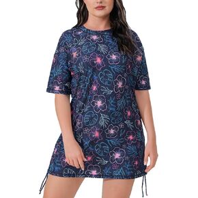 Halcurt Women's Plus Size Short Sleeve Rash Guard Ruched Side Drawstring Adjustable Swim Shirt UPF50 Quick Dry Swimsuit Top
