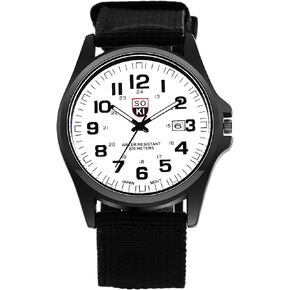 Ibohevo Nylon Band Military Watch: Men Black Waterproof Outdoor Sport Field Analog 24 Hours Wrist Watches Date Calendar Round Dial Army Wristwatch