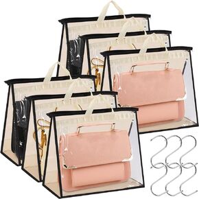 6 Pcs Dust Bags for Handbags,Purse Storage Bag,Clear Purse Storage Organizer for Closet,Purse Dust Bags for Storage,Handbag Dust Cover Bags with Zipper,Handles and Hooks (XL,Beige)
