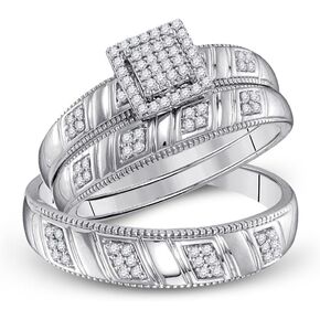 His and Hers Bridal Womens and Mens Engagment and Wedding Band Complete Trio Matching Wedding Rings Set 925 Sterling Silver Round Diamond Square 1/4 Cttw