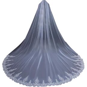 Womens 1 Tier Long Cathedral Lace Applique Wedding Bridal Veil With Metal Comb