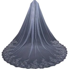 Womens 1 Tier Long Cathedral Lace Applique Wedding Bridal Veil With Metal Comb
