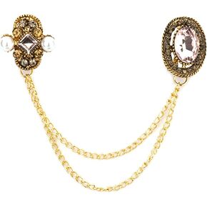 Knighthood Stone With Gold Engraving Pearls Stone Detailing And Hanging Tassel Chain Collar Pin Brooch, Suit Stud, Shirt Studs, Lapel Pin Accessories for Men Women