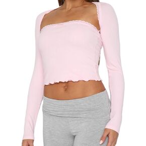 Luckinbaby Women's Lace Trim Long Sleeve 2 Piece Set Tube Tops with Bolero Shrugs Y2K Crop Top Sexy Going Out T Shirts(8707 Pink,L)
