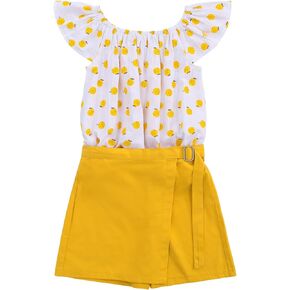Kukume Girls Summer Outfits 2 Piece Short Sets Ruffle Sleeve Dot Print T Shirt & Skirt with Shorts 3-11 Years