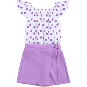 Kukume Girls Summer Outfits 2 Piece Short Sets Ruffle Sleeve Dot Print T Shirt & Skirt with Shorts 3-11 Years