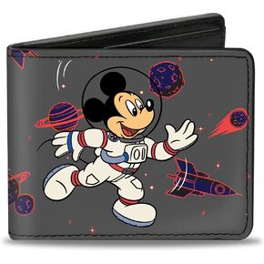 Buckle-Down Men's Disney Wallet, Bifold, Mickey Mouse Astronaut in Space Pose Black Red Blue, Vegan Leather, 4.0" x 3.5"