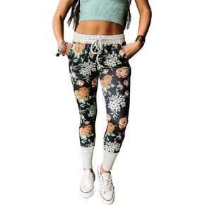 Women's Skinny Fit Floral Elastic Waistband Joggers Pants Lightweight Sweatpants with Pockets Athletic Tapered Pants