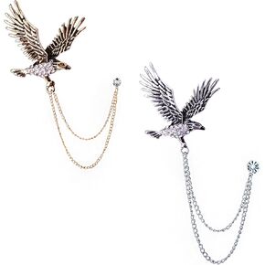 Punk 2pcs Men's Eagle Brooch Jewelry.Gold Sliver Plated Metal Crystal Lapel Pin Vintage Wedding Brooch.Cool Badge Pins for Jackets Coat Suit Tuxedo Tie Hat Scarf.