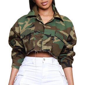 Ptorlio Womens Casual Cropped Camo Jacket Long Sleeve Camouflage Fall Jacket Y2K Coat Outerwear