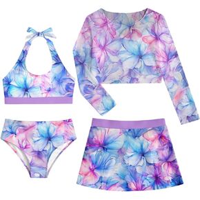 uideazone Girls 4 Piece Bathing Suit Summer UPF 50+ Halter Swimsuit with Skirts Beach Bikini Cover Up Sets 7-12 Years