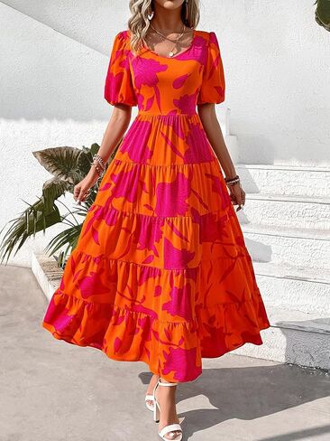 PRETTYGARDEN Womens Dresses 2024 Puff Sleeve Floral Casual Summer Dresses Smocked Backless Beach Flowy Tiered Maxi Dress in Kuwait