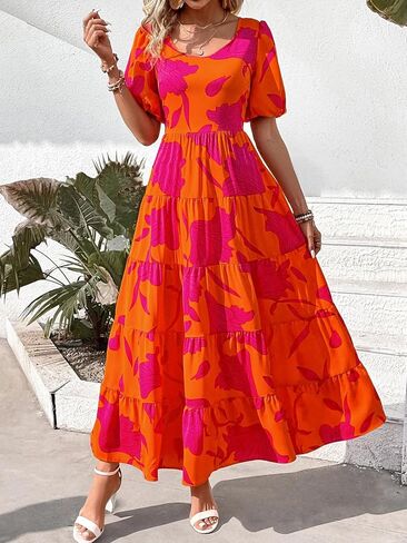 PRETTYGARDEN Womens Dresses 2024 Puff Sleeve Floral Casual Summer Dresses Smocked Backless Beach Flowy Tiered Maxi Dress in Kuwait