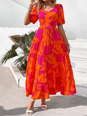 PRETTYGARDEN Womens Dresses 2024 Puff Sleeve Floral Casual Summer Dresses Smocked Backless Beach Flowy Tiered Maxi Dress in Kuwait