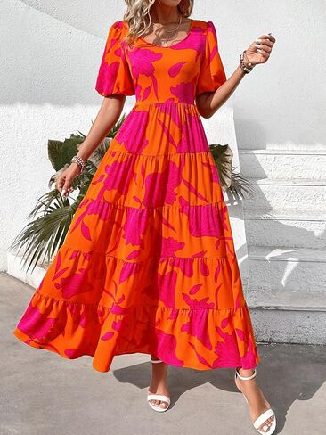 PRETTYGARDEN Womens Dresses 2024 Puff Sleeve Floral Casual Summer Dresses Smocked Backless Beach Flowy Tiered Maxi Dress in Kuwait