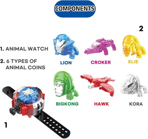 مجموعة ساعة Miniforce Animaltron ومجموعة عملات معدنية على شكل حيوان، عملة حيوانية قابلة للتحويل، وضعين للصوت والأضواء، هدايا للأولاد والبنات والأطفال وساعة حيوانات للأطفال in Kuwait