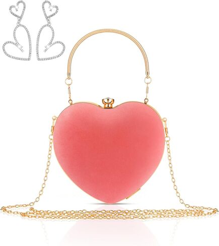 Equsion Velour Heart Shaped Purse Clutch Evening Bag Rhinestone Heart Earrings Shoulder Handbag for Valentines Party Prom in Saudi Arabia