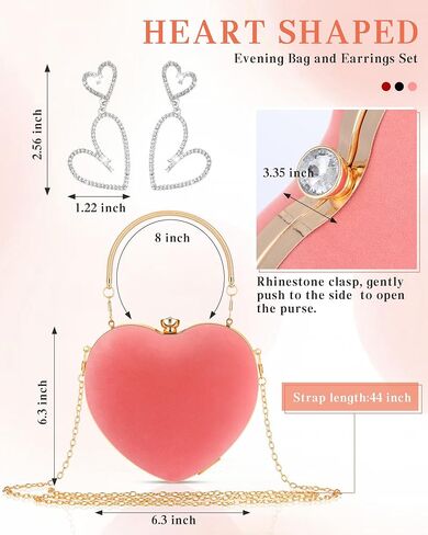 Equsion Velour Heart Shaped Purse Clutch Evening Bag Rhinestone Heart Earrings Shoulder Handbag for Valentines Party Prom in Saudi Arabia