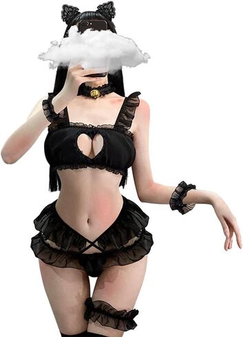YOMORIO Anime Cute Cat Cosplay Costume Womens Sexy Open Chest Lingerie Lolita Japanese Style Nightie (Black) in Saudi Arabia