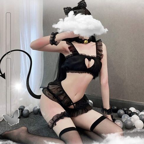 YOMORIO Anime Cute Cat Cosplay Costume Womens Sexy Open Chest Lingerie Lolita Japanese Style Nightie (Black) in Saudi Arabia