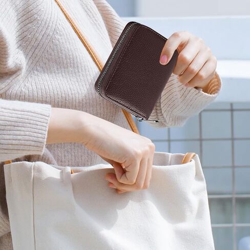 محفظة بطاقات الائتمان مكونة من 20 قطعة، محافظ بطاقات صغيرة للرجال والنساء، حجب RFID، حافظة بطاقات بسحاب من الجلد الطبيعي (أسود + بني) in Kuwait