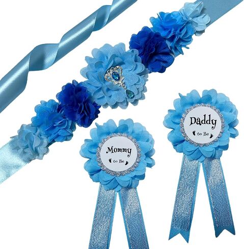 MaternitMaternity Sash Mommy to Be & Daddy to Be مجموعة دبابيس على شكل زهرة وحزام للبطن لدعائم صور الحمل وإظهار الجنس وديكورات هدايا استحمام الطفل، أزرق سماوي in Kuwait