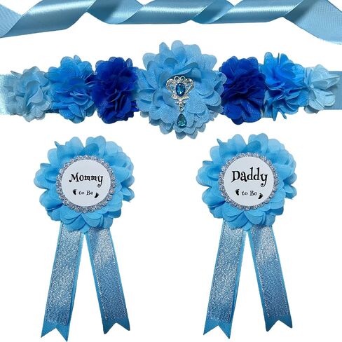 MaternitMaternity Sash Mommy to Be & Daddy to Be مجموعة دبابيس على شكل زهرة وحزام للبطن لدعائم صور الحمل وإظهار الجنس وديكورات هدايا استحمام الطفل، أزرق سماوي in Kuwait