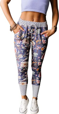 Women's Skinny Fit Floral Elastic Waistband Joggers Pants Lightweight Sweatpants with Pockets Athletic Tapered Pants in Kuwait