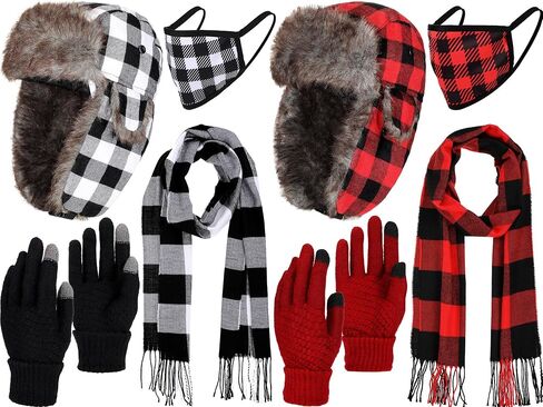8 Pcs Plaid Trapper Hat Winter Set Buffalo Plaid Ushanka Hats Touch Screen Gloves Mask Russian Windproof Unisex Hats Winter Ear Flap for Men Women Climbing Hiking Cold Weather Christmas in Saudi Arabia