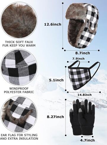 8 Pcs Plaid Trapper Hat Winter Set Buffalo Plaid Ushanka Hats Touch Screen Gloves Mask Russian Windproof Unisex Hats Winter Ear Flap for Men Women Climbing Hiking Cold Weather Christmas in Saudi Arabia