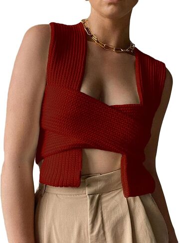 Sweater Vest for Women Sleeveless Crop Knitwear Casual Strappy Backless Tank Top Streetwear in Saudi Arabia