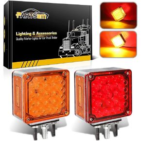 Partsam 2Pcs Square Dual Double Face Fender Stop Turn Signal Tail 52 LED Amber/Red, Truck Trailer Double Face Led Pedestal Lights Waterproof, Dual-face lights with Three Studs Waterproof