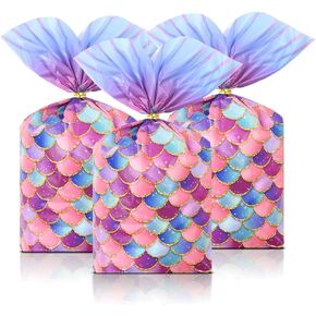 Apol 100pcs Mermaid Party Favors Bags, Mermaid Cellophane Goodie Bags, Doughnut Treat Bags, Plastic Candy Bag with 100 Gold Twist Ties for Goodie Cookies Nut Snack Wrap Birthday Party Supplies