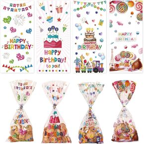 Dagslys 100 Pieces Birthday Cellophane Treat Bags Happy Birthday Words Goodie Candy Treat Bags 4 Styles Plastic OPP Bags with Twist Ties for Birthday Party Decoration Baby Shower Favor Gift Supplies