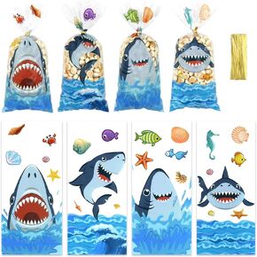 100 PCS Cartoon Shark Cellophane Treat Bags with Twist Ties,Ocean Themed Gift Bags Sea Shark Starfish Shell Fish Kids Goodie Candy Bags Cookie Snack Packing Bag for Birthady Baby Shower Party Favor