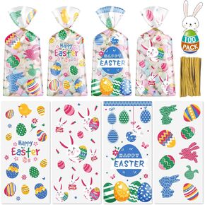 100 Pcs Easter Treat Bags - Happy Easter Gift Bags, Easter Eggs Plastic Cellophane Bag, Clear Colorful Easter Bunny Goodie Candy Favor Bags with Gold Twist Ties for Easter Party Favors Supplies