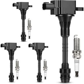 UF351 Ignition Coil & 4505 Double Iridium Spark Plug For 2001-2005 Nissan Almera,2002-2006 Sentra 1.8L L4 Replaces# 22448-6N015 22448-6N011 C1397 5C1394 (Set of 4)