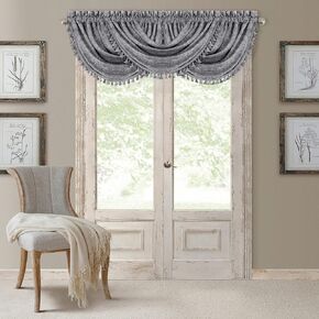Elrene Home Fashions Antonia Floral Damask Waterfall Window Valance with Tassels, 52"x36", Antique Gold