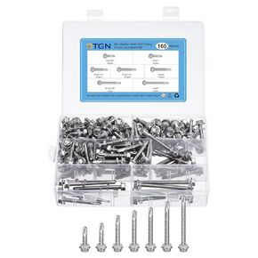 160Pcs #14 Hex Washer Head Self Drilling Screws Kit - 3/4", 1", 1-1/4", 1-1/2", 2" 410 Stainless Steel Self Tapping Sheet Metal Screw Assortment - Good for Metal