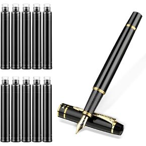 Luxury Fountain Pen Set, Smooth Writing Fine Nib Pen Black Metal Fountain Pen with Ink Refill Converter 10 Black Ink Cartridges Business Nice Pen for Office Men Women