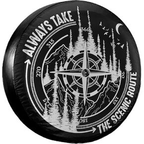 Camper Spare Tire Cover 14 inch- Scenic Route Compass Design - Durable PVC Leather, Waterproof & Dust-Proof - Black & White Wheel Protector for 15-inch RV, Jeep, Trailer, SUV Tires