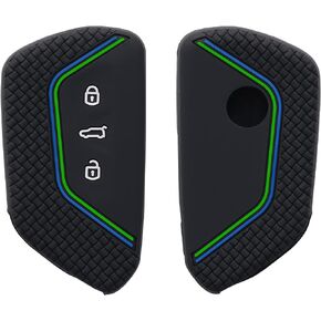 kwmobile Car Key Cover Compatible with VW Golf 8 3 Button Car Key Key Cover - Silicone Protective Car Key Fob Case - Black Matte/Blue